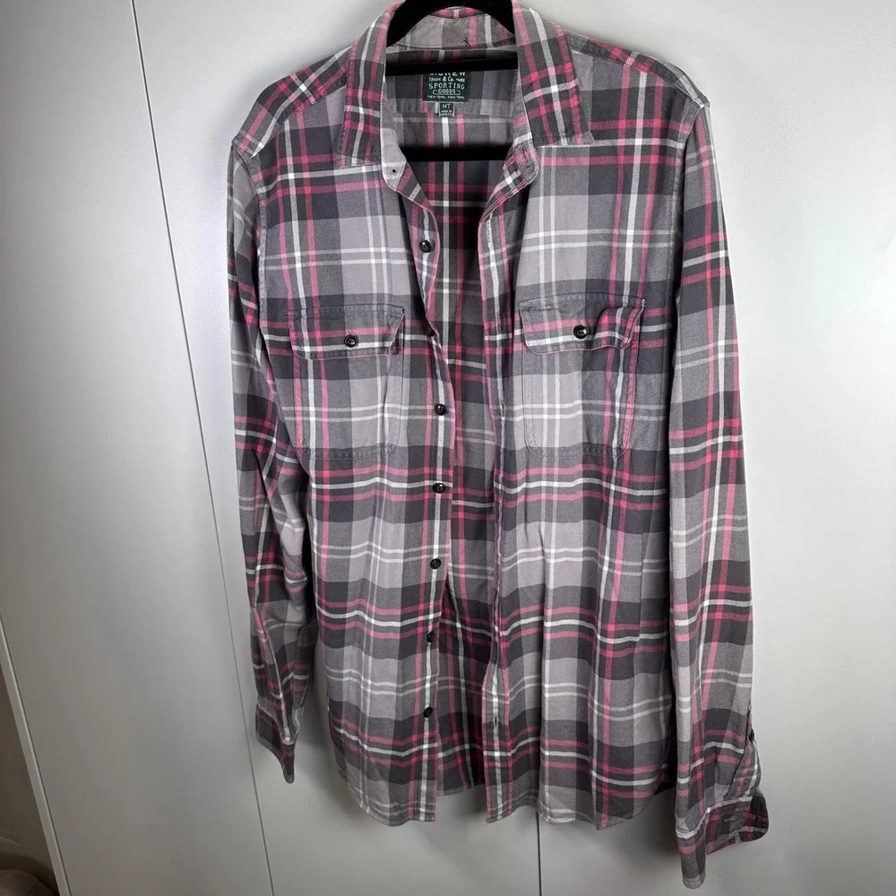 VTG J. Crew Plaid Flannel Shirt‎ MT Gray Pink White Long Sleeve Button Up